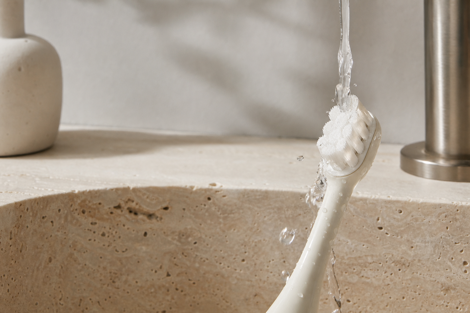 Ivory toothbrush bristles rinsed under clear running water