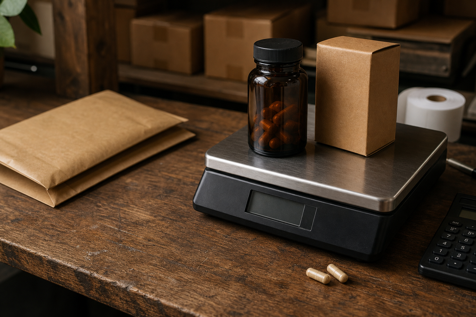 An unbranded supplement bottle and carton being weighed before fulfilment